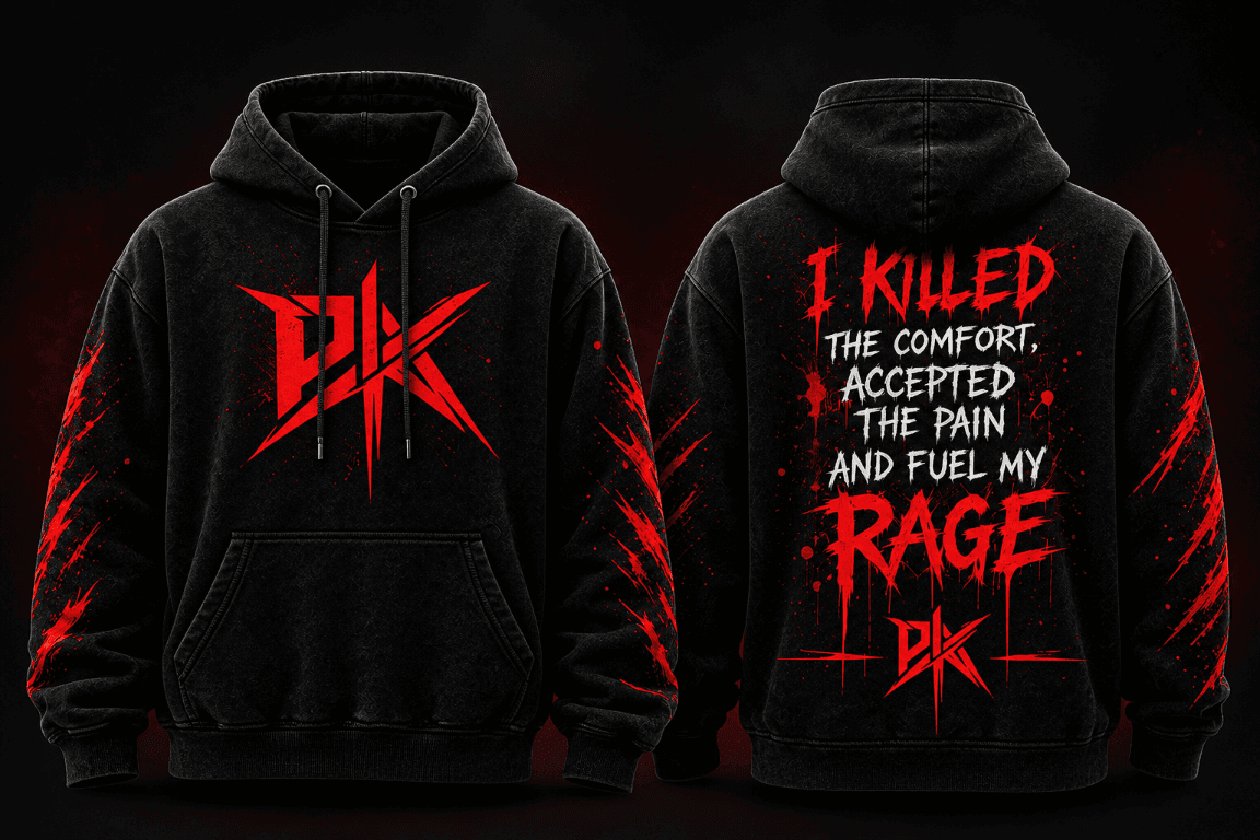 Black Rage Hoodie, front and back, with PAIXX logo artwork